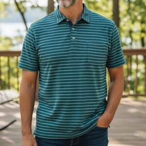 Faherty Brand Mens XXL Striped Polo Shirt Teal Navy Blue Short Sleeve Golf